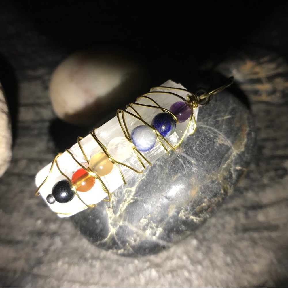 Wrapped Selenite Pedant with Chakra Gemstones